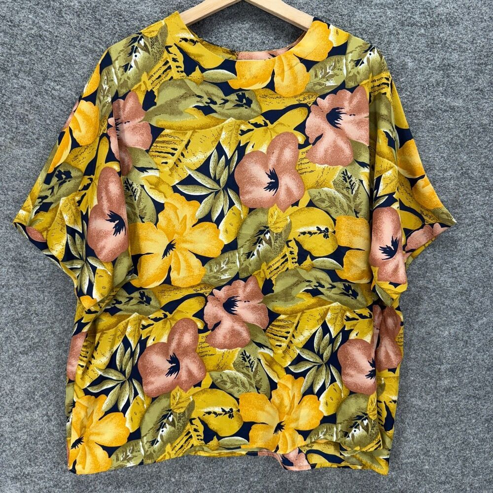 August Max Blouse Women 20 Plus Yellow Floral Short Sleeve Round Neck Casual